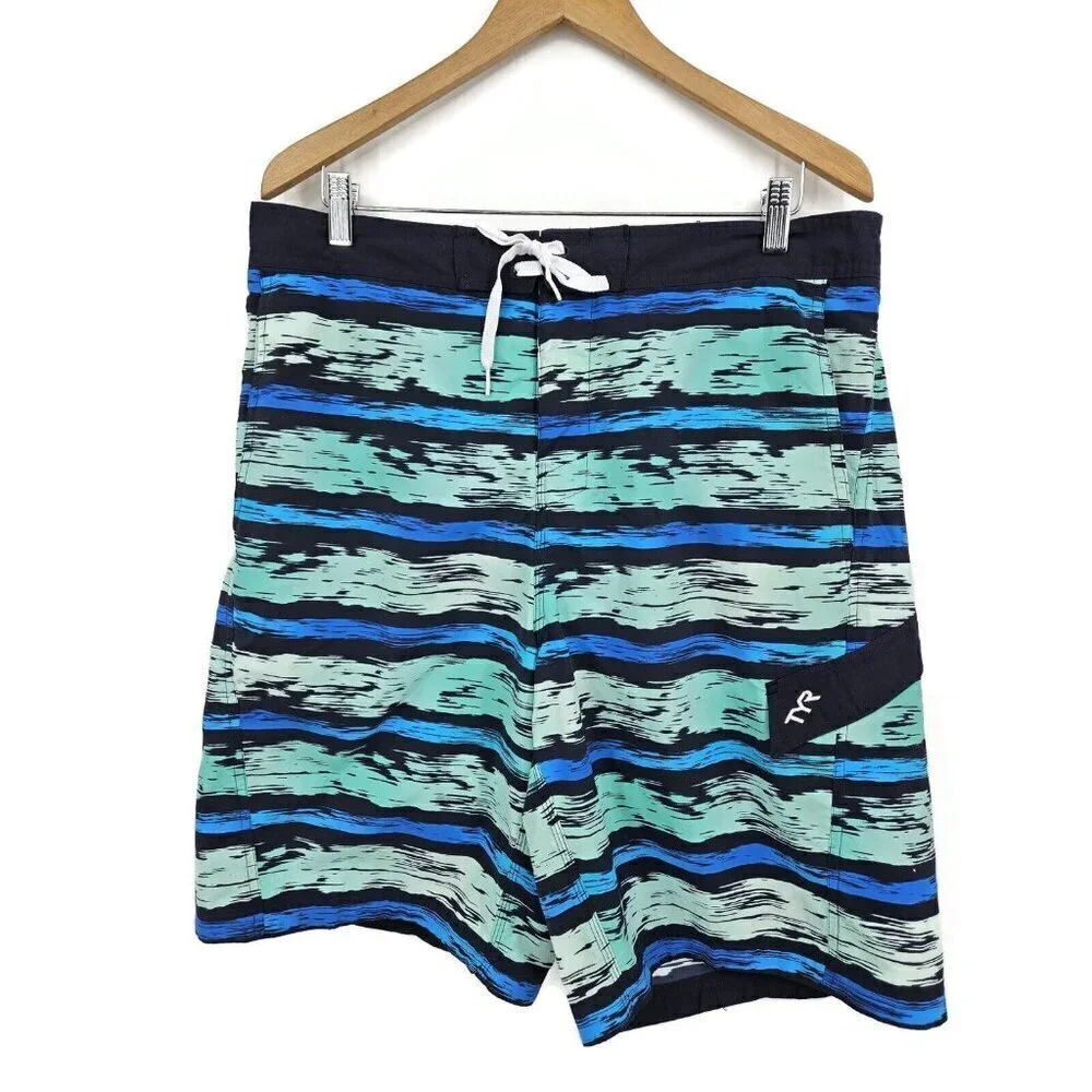 New Tyr Paint Stripe Boardshorts Mens XL Navy Turquoise Swim Trunks